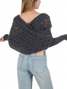 1 件女士纯色镂空针织披肩，十字设计带袖保暖套头外套披肩上衣，休闲百搭舒适保暖披肩，极简主义风格适合日常穿着、外出、旅行，搭配长裙 - 彩色 - 查看 11