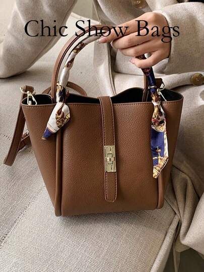 Bow Decor Old Money, Elegant, Lightweight, Skinny Scarf Decor Turn Lock Top Handle Bag For Teen Girls Women College Students, Rookies & White-Collar Ers College, Commute, Outdoors, Travel, Outings Bucket Bag, Bag For Women, Business Casual Women Bag, Perfect For Office, Business And Work, Business Casual Woman Bag Perfect For Office Business And Work, Work Bag Women, Ideal For Everyday Elegance & Special Occasions, Bag For Women Elegant