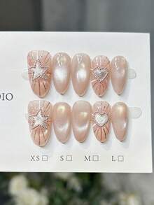 10pcs Handmade Nails Oval Nails Press On Nails Medium, Minimalism Pink Nails, Flashy Cateye, Handpainted Irregular Line Star Heart, Chain Inlaid, Simple Elegant Handcrafted Autumn Nails, Fall Press On Nails, Y2K Style Festival Nail Party Daily & Dating Use Beach Tropical Getaway Suitable,DIY False Nail Art Suitable For Women & Girls As Gift Nail Supplies - Pink - View 10