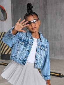 Girls Casual Washed Denim Jacket, Lightweight And Versatile For All Seasons