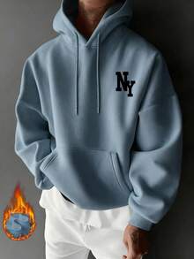男士休闲纽约缩写印花连帽卫衣，返校季，秋冬季 - 淺藍色 - 查看 4