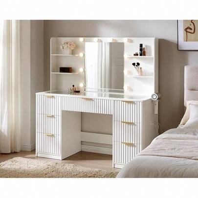 47.2" Fluted Vanity Desk With Mirror And Adjustable LED Lights, Elegant Glass-Top Makeup Table With 7 Large Drawers And Charging Station For Women And Girls, Ideal For Bedroom Or Dorm