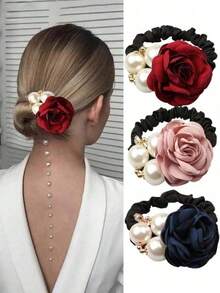 Shiny 3pcs Flower  Faux Pearl Design Hair Scrunchies, Korean Elegant Stretchy Hair Ties Women  Women, Boho Party/Event Valentine's Day Valentines Scrunchy Hair Ties Ponytail - Nhiều màu - Xem 8