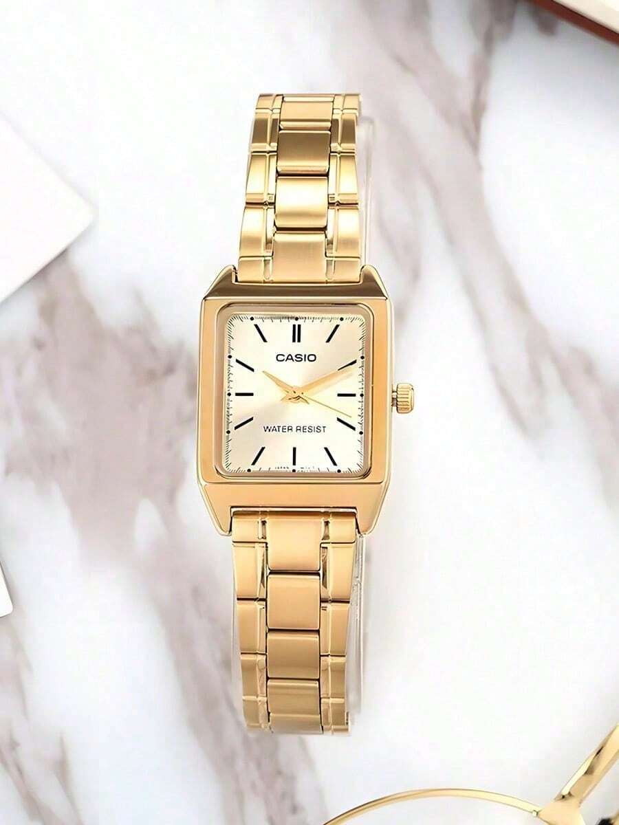 Casio Đồng hồ đeo tay nữ bằng thép không gỉ LTP-V007G-9E | Máy quartz Nhật Bản, chống nước 30M, vỏ vuông nhỏ gọn, mặt số vàng, vạch chỉ giờ dạng thanh - Thích hợp cho công sở, thường ngày, dự tiệc và làm quà tặng. - Vàng - Xem 1