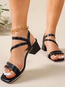 Women's Black Criss-Cross Strap Chunky Heel Sandals, Square Toe Design, Strap Buckle, Daily Commute, Fashionable, Mid-Heel Open Toe Shoes - Black - View 3