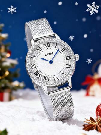 DOM 1 szt. damski zegarek kwarcowy z paskiem z siatki Milanese, kolor złoty, styl biznesowy, wodoodporny, kalendarz w kształcie serca, odpowiedni do noszenia na co dzień, jako dekoracja, prezent dla przyjaciół lub matki