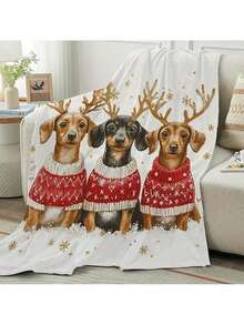 1pc Christmas Dachshund Reindeer Antlers Flannel Blanket - Soft Cozy All-Season Throw With Festive Dachshund Print, Red Scarves & Snowflakes Design, Contemporary Holiday Decor For Couch, Bed, Or Gift, Reindeer Christmas Decor, Seasonal Gift Item, Durable Comfort Fabric, Bed Accessory, Snowflake Pattern, Comfortable Material, Dog Lovers