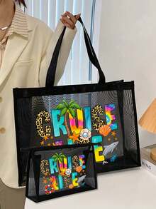 1/2个装 Cruise Life 图案字母印花网眼手提袋，收纳袋，洗漱包，大容量手提包，送给女孩的礼物，母亲节礼物，可折叠收纳袋，适合存放个人旅行化妆品，旅行洗漱包，生日礼物，旅行化妆工具收纳，教师节礼物，送给爱人的礼物，生日礼物，旅行必备，宿舍必备，满足日常旅行需求 - 彩色 - 查看 12