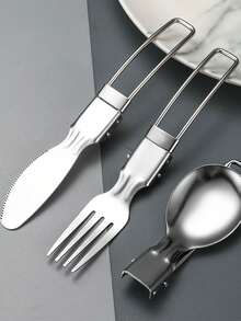 3pcs/4pcs Portable Stainless Steel Cutlery Set, Made Of 304 Stainless Steel, With A Folding Design And Storage Box. Includes Fork, Spoon And Storage Box – Perfect For The Office, School, Kitchen, Picnic, Camping And Outdoor Activities. Also Makes A Lovely Gift, Suitable As A New Year's Gift Or Back-To-School Gift. - Silver - View 2