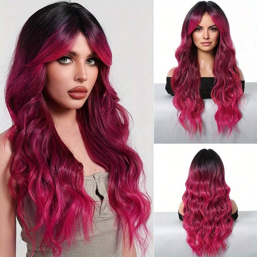 26-30 Inch Rose Pink Ombre Wig For Women - Curly Synthetic Hair With Bangs & Rose Mesh Cap, Heat-Resistant For Daily Wear & Themed Parties - Purple - View 1