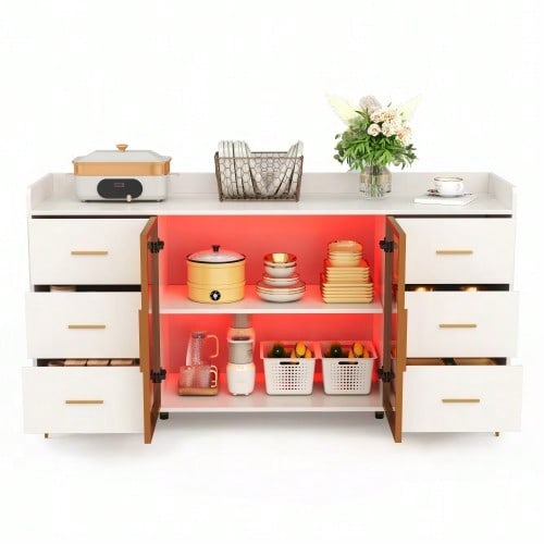 Modern White Kitchen Cabinet/Sideboard, 160 * 44 * 87 Cm, 6 Drawers, Glass Doors, Remote-Controlled LED Lighting With Ambient Lighting And Gold Metal Handles, Ideal For The Kitchen, Living Room Or Bedroom.