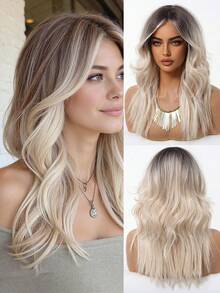 渐变金色短款波浪卷发洛丽塔cosplay假发，带刘海，浅铂金色波波头，耐热合成纤维，适合女性日常及派对佩戴（请注意佩戴和保养方法。由于拍摄时的光线和角度原因，实际产品颜色可能与图片略有不同。） - 漸變金色 - 查看 2