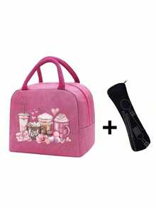 Bolsa de almuerzo aislada con estampado de café rosa, macarrón, lazo y sobre, emparejada con bolsa de almacenamiento de cubiertos negra, de gran capacidad, bolsa térmica enfriadora para estudiantes, bolsa de picnic de viaje portátil, lonchera de oficina y escuela - Multicolor - Ver 19