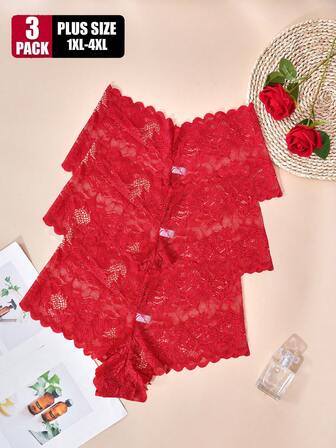 3pcs Plus Size Lace Trim Breathable Comfortable Sexy Women Panties, Solid Color