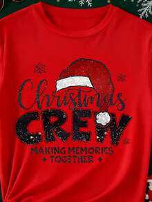 Women's Casual Christmas Hat & Text Graphic Red T-Shirt, Fall/Winter - Red - View 2
