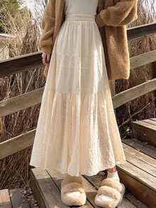 日韩女式校服半身裙，白色镂空提花蛋糕裙，四季A字长裙，Y2K风格女装，仙女超感系带半身裙，伞裙 - 杏色 - 查看 5