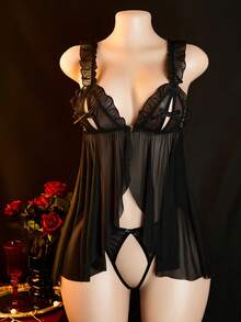 Ladies' Underwear Set, Sexy Knitted Fabric, Solid Color, With Pants, Ladies, Valentine's Day. - 黑色 - 查看 3
