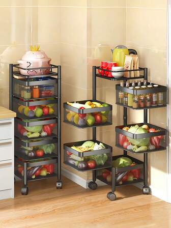 Roterande fruktkorg, 5-våningars metall, robust köksförvaringshylla, ingen montering på rullande hjul för frukt, grönsaker, livsmedel, majs, potatis, lök (3/5-våningar, svart)