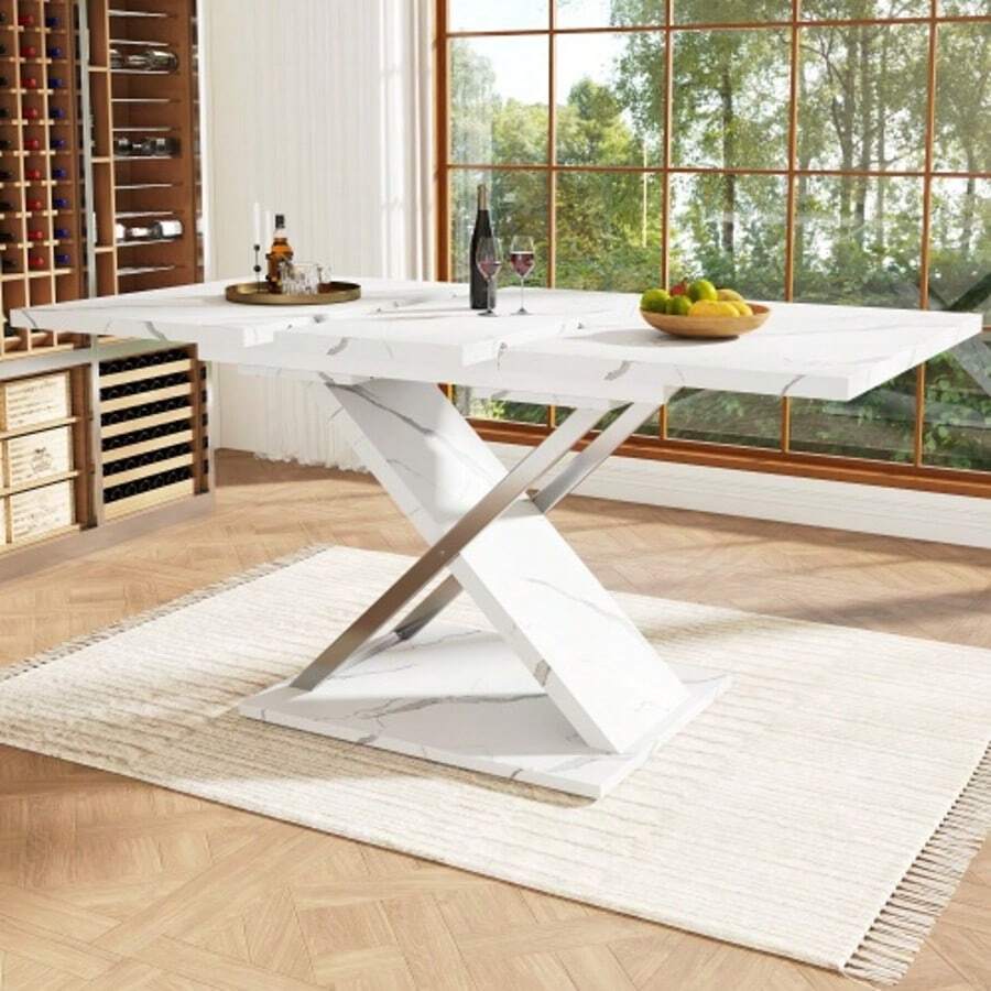 Extendable Dining Table (118-157*75cm), Kitchen/Living Room Table, Add-On Table, Extendable To 118-157cm With The Help Of An Internal Extension Leaf, Dining Table With Cross Legs - White - View 1