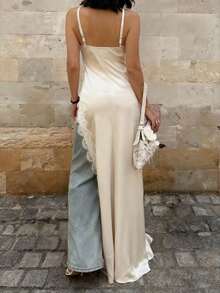 Đầm hai dây phối ren satin khoét rỗng, kiểu dáng bất đối xứng, phong cách retro Pháp, hở lưng thanh lịch gợi cảm, màu trơn, hở lưng phối ren, thích hợp cho kỳ nghỉ hè, tiệc tùng. - Màu be - Xem 2