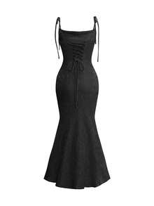 Đầm dài mùa hè màu đen họa tiết jacquard Pháp dành cho nữ của Look Polly, kiểu dáng đuôi cá, dây mảnh, gợi cảm, thắt nơ, thích hợp cho đám cưới, tiệc chiêu đãi, tiệc trà. - màu đen - Xem 4