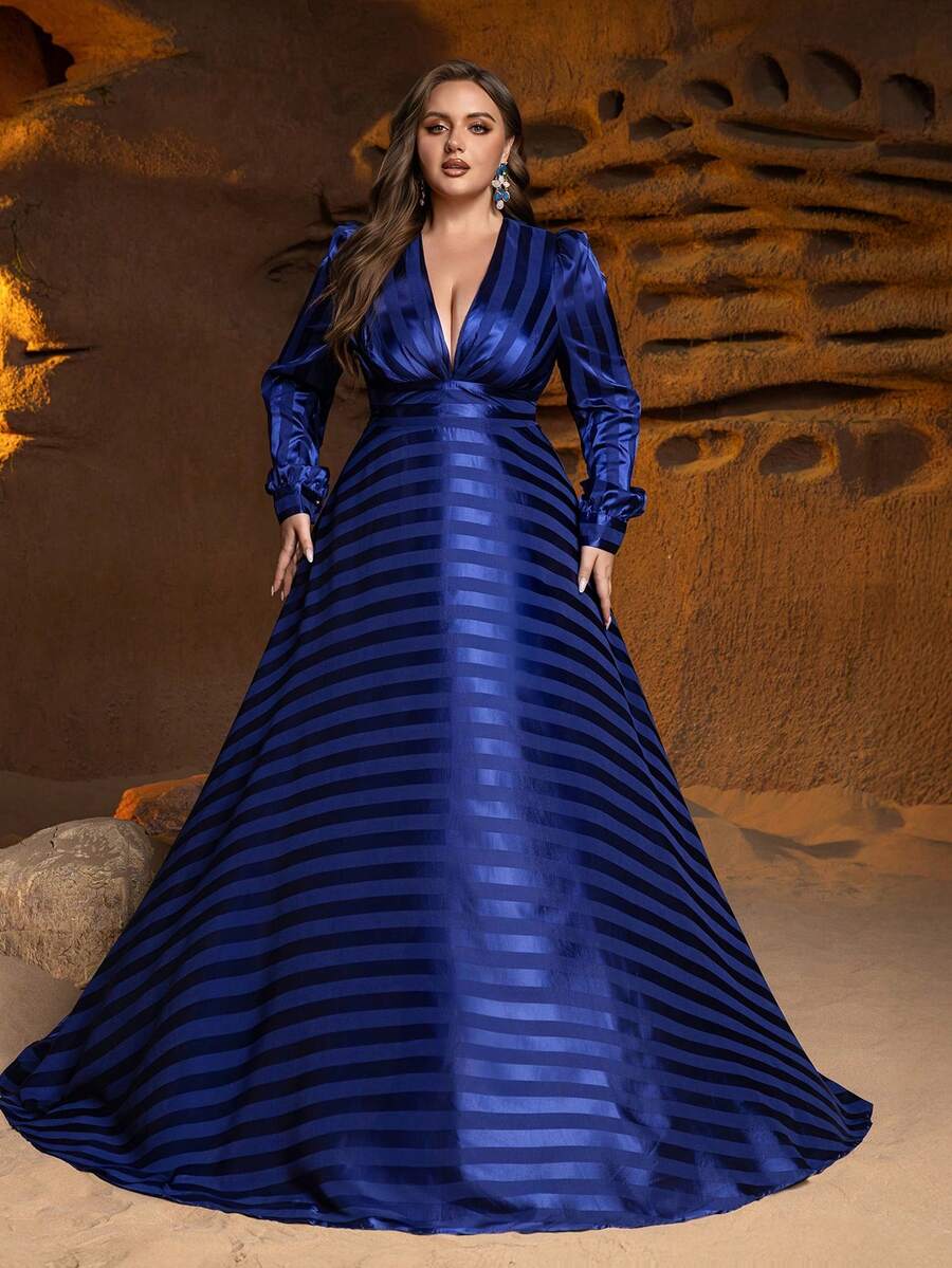 فستان سهرة رسمي بأكمام فانوس وياقة على شكل V مع تصميم مخفف للجسم مناسب لحفلات العشاء والمناسبات الخيرية والزفاف الراقي