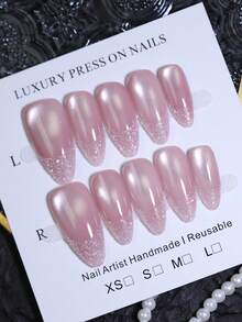 10片杏仁粉色猫眼美甲贴纸，100%纯手工制作，带背胶，闪粉，色彩鲜艳，法式极简美甲设计，可重复使用，适合女性和女孩日常佩戴及派对场合。 - 粉色 - 查看 13