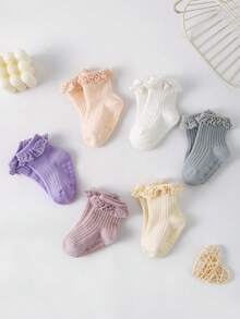 6 đôi tất chấm bi chống trượt màu trơn cho trẻ sơ sinh/trẻ mới biết đi/trẻ em, tất viền nhún bèo đơn giản, thoải mái, mềm mại, thoáng khí, thân thiện với da, thích hợp để mặc hàng ngày, làm quà tặng, du lịch, tiệc tùng, ở nhà, màu sắc ngẫu nhiên - Nhiều màu - Xem 2
