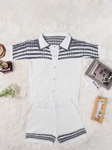 Bộ 2 món gồm áo sơ mi ngắn tay cài cúc phía trước và quần short dệt kim họa tiết kẻ sọc, thích hợp cho ngày Valentine, lễ hội âm nhạc, kỳ nghỉ biển mùa xuân. - Xám - Xem 6