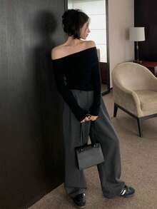 Un hombro de punto las mujeres de otoño de manga larga ajustada camisa de fondo picante sexy sin tirantes tops cortos blusas elegantes dama - Negro - Ver 6