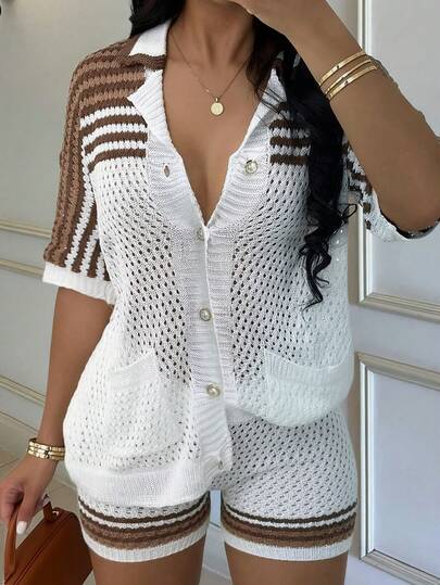 Apperloth A 2pcs Autumn Casual Knit Set For Women, Striped Pattern Button-Front Sexy V-Neck Short Sleeve Shirt Cardigan With Pockets & Elastic Waist Knit Shorts, Christmas Outfit