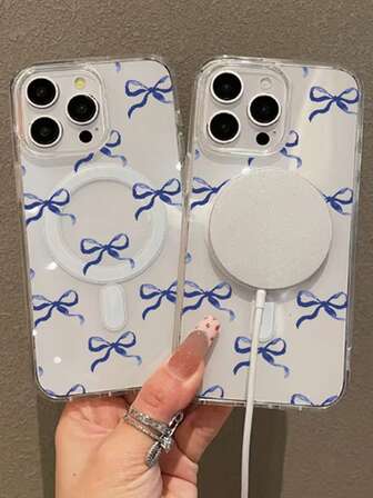 Fashionable Creative Blue Bow Magnetic Soft Phone Case, Compatible With IPhone 17 Series, 11/12/12 Pro, 13/14/15, 13 Pro/14 Pro/15 Pro, 12 Pro Max/13 Pro Max/14 Pro Max/15 Pro Max, 16, 16 Pro, 16 Pro Max Phone Protective Cover