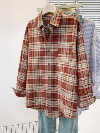 复古美式格子前扣口袋衬衫