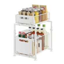 Organizador de 2 niveles debajo del fregadero con cajones de metal extraíbles, gabinete de almacenamiento de hierro para cocina y baño, altura ajustable, blanco - Blanco - Ver 3