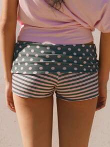 Fold Over Mini Shorts For Women Y2k Strped/Polka Dots Stretchy Boycon Shorts Elastic Waist Low Rise Skinny Micro Shorts Summer Cute Lounge Bottoms Casual Pajamas Micro Shorts - 粉色 - 查看 7