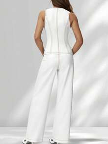HOMEYEE 女士圆领背心套装搭配休闲商务裤，两件套，白色，春季款 - 白色 - 查看 2