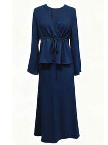 2pcs/Set Elegant Drawstring Waist Ruffle Hem Top And Long Skirt Suit - Autumn Women's 2 Pieces Set, Elegant & Fashionable, Coffee Brown, Winter Clothing, Christmas Outfit, New Year Outfit, Elegant Party Set, Elegant Ladies Suit, Casual Wear, Resort Wear, Summer Resort Wear, Navy Blue - Navy Blue - View 4