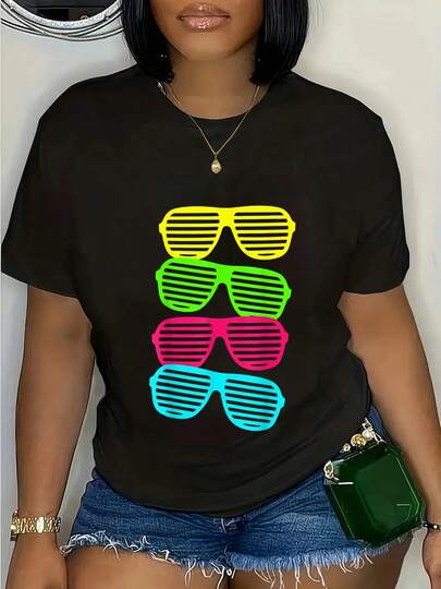 100% Cotton Neon Shutter Shades Cool Stack Of Sunglasses Bright T-Shirt Women's Men's Graphic Tee Crew Neck Classic Fashion Summer Vacation Tops