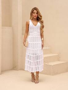 Women's Midi Dress, Knit, Summer, Crochet, Ruffles, Party, Beach, Elegant, Christmas, New Year's Eve, Premium - 白色 - 查看 1