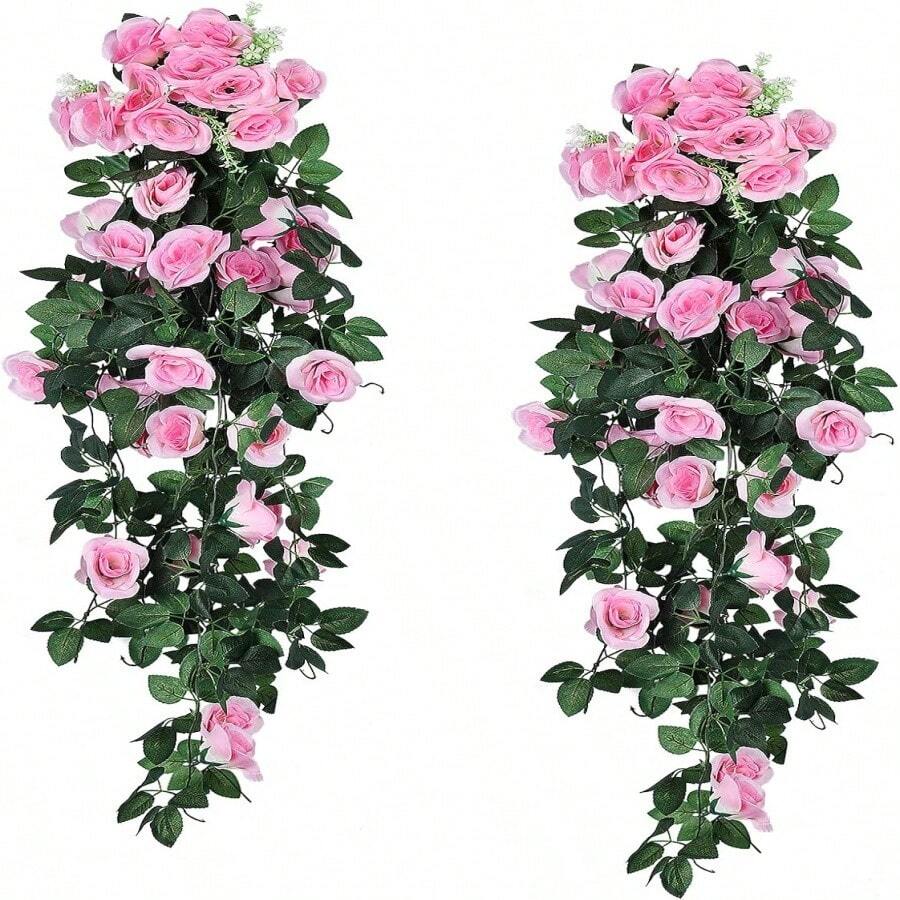 2 Pieces 40 Inch Artificial Hanging Flowers - Fake Rose Plant - Wall Decor, Wedding Decor, Home Decor, Garden Decor, Multiple Colors Look Better.Multiple Colors) - Hồng - Xem 1