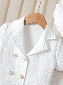 4-7岁女童白色三件套西装，优雅衬衫+短裤+帽子，经典儿童正装，提花面料，复古时尚，适合节日、生日、拍照、春夏穿着。 - 白色 - 查看 4