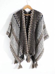 1pc Women's Fashion Multi-Color Wavy Pattern Bohemian Style Knitted Windproof Warm Tassel Shawl Poncho, Suitable For Daily, Travel, Shopping Outings (May Have A Stimulating Odor, Which Is Normal. After Receiving, Can Be Aired Outside) For Dress - Multicolor - View 16