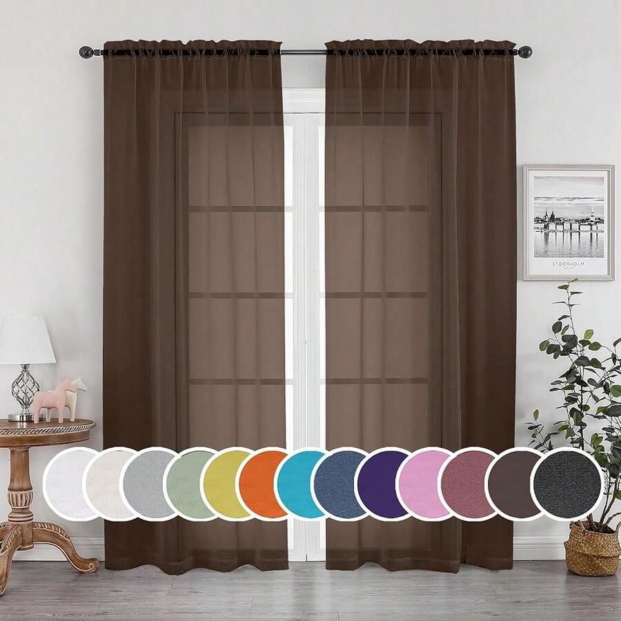 OWENIE Sheer Chocolate Curtains, Sheer Curtains 84 Inch Length 2 Panels Set, Rod Pocket Voile Fimly Sheer Drapes For Living Room/Bedroom, 2pcs, Each 42inch W X 84inch L,42inchWx84inchL(Packof2),Chocolate - 巧克力 - 查看 1