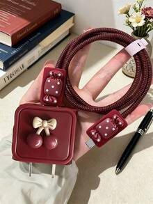 5pcs/Set Wine Red Cherry/Butterfly Design Protective Case Compatible With Apple 18-20W Charger, Data Cable Protector - Wine Red - View 9