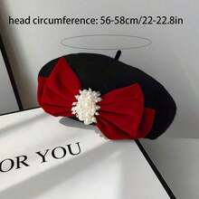 Autumn Winter New Black Bow Beret Hat For Women Woolen Imitation Pearl Fashion Versatile Large Head Circumference Face Slimming Painter Hat - màu đen - Xem 2