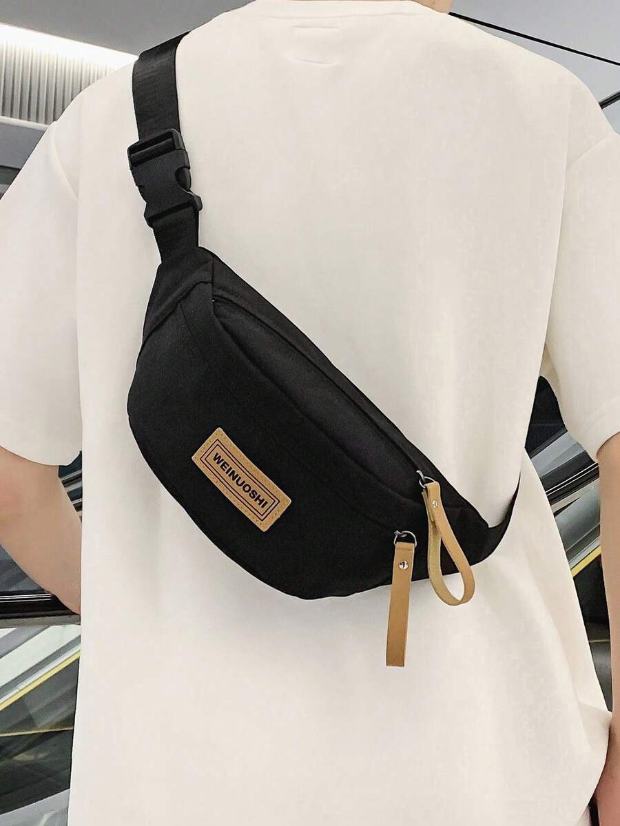 纯色设计 时尚休闲 多功能 前置口袋 轻便 旅行 单肩斜挎腰包 - 黑色 - 查看 1