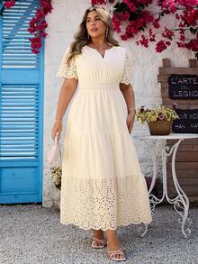 Simplee Plus Size Women's Summer New V-Neck Embroidered Hollow-Out Elegant Dress, Cream Yellow - Apricot - View 4