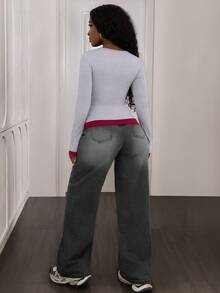 Women Spring/Autumn Casual Chic Fashion Elegant New York Letter Print Gray And Red Long Sleeve T-Shirt,Slim Fit Top,V Neck Button Adjust T-Shirt,Suitable For Graduation,Party,Christmas,Thanksgiving,New Year