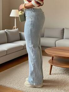 Women's Straight Leg Jeans, Baggy Loose Fit Non-Stretch Denim Pants, Street Style Casual Long Trousers For Women - 淺色水洗藍 - 查看 4