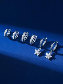 6 件套铜锆石优雅多元素耳环耳钉套装，精致百搭女士派对/约会/礼物配饰 - 銀色 - 查看 17